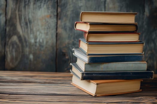 Stack of books on wooden board background. Neural network generated in January 2024. Not based on any actual scene or pattern.