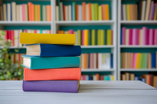 Stack of books on table in front of blurred book shelf. Neural network generated in January 2024. Not based on any actual scene or pattern.