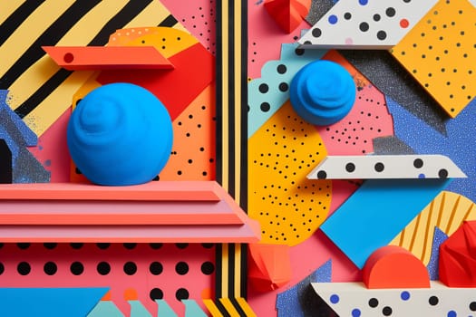 abstract background of playful convergence of 2D pop-art graphics and 3D geometric shapes creating a vibrant multiverse portal, embodying high-energy and big-impact visuals. Neural network generated image. Not based on any actual scene or pattern.