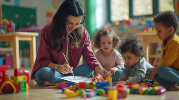Beautiful teacher and group of toddlers sitting on the floor drawing using paper and pencil around lots of toys at kindergarten. Neural network generated image. Not based on any actual scene or pattern.