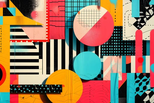 abstract background of playful convergence of 2D pop-art graphics and 3D geometric shapes creating a vibrant multiverse portal, embodying high-energy and big-impact visuals. Neural network generated image. Not based on any actual scene or pattern.