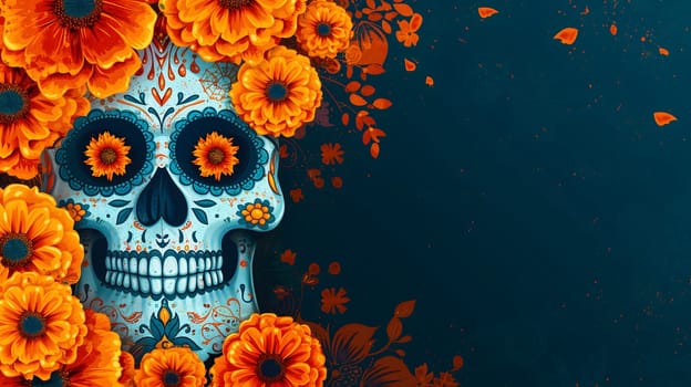 Dia De Los Muertos or Day of the Dead Celebration Banner background with sculls and yellow flowers. Not based on any actual person, scene or pattern.