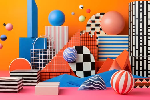 abstract background of playful convergence of 2D pop-art graphics and 3D geometric shapes creating a vibrant multiverse portal, embodying high-energy and big-impact visuals. Neural network generated image. Not based on any actual scene or pattern.