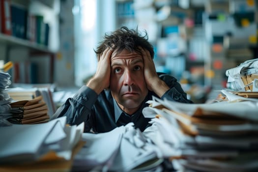 Caucasian man in an office, overwhelmed by a mountains of paperwork. Neural network generated in January 2024. Not based on any actual scene or pattern.