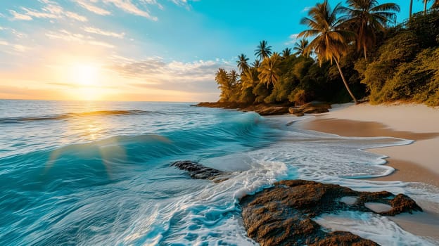 tropical beach view at sunset or sunrise with white sand, turquoise water and palm trees. Neural network generated image. Not based on any actual scene or pattern.