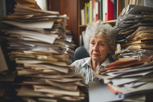 Senior Caucasian woman in an office, overwhelmed by a mountains of paperwork. Neural network generated in January 2024. Not based on any actual scene or pattern.