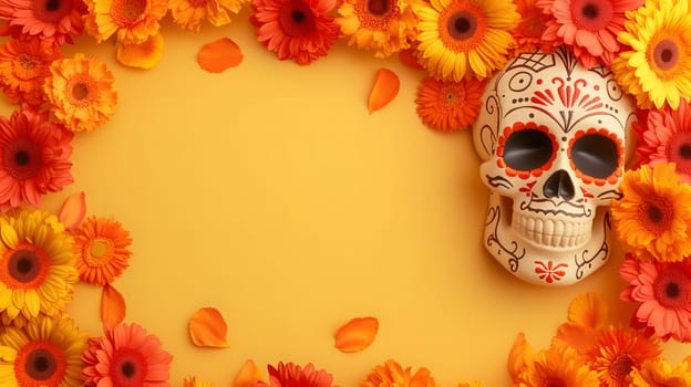 Dia De Los Muertos or Day of the Dead Celebration Banner background with sculls and yellow flowers. Not based on any actual person, scene or pattern.