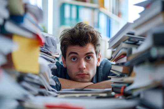 Young adult caucasian man in an office, overwhelmed by a mountains of paperwork. Neural network generated in January 2024. Not based on any actual scene or pattern.