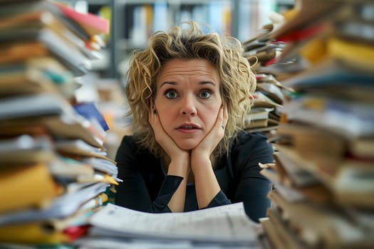 Caucasian woman in an office, overwhelmed by a mountains of paperwork. Neural network generated in January 2024. Not based on any actual scene or pattern.