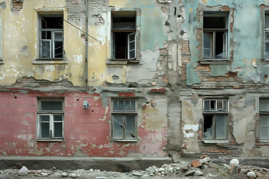Ruined houses street after war. Neural network generated image. Not based on any actual scene or pattern.