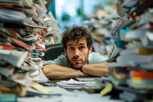 Young adult caucasian man in an office, overwhelmed by a mountains of paperwork. Neural network generated in January 2024. Not based on any actual scene or pattern.
