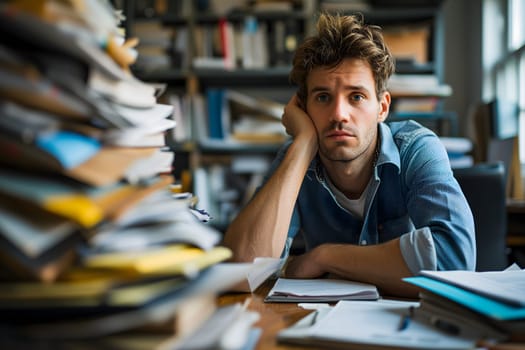 Young adult caucasian man in an office, overwhelmed by a mountains of paperwork. Neural network generated in January 2024. Not based on any actual scene or pattern.