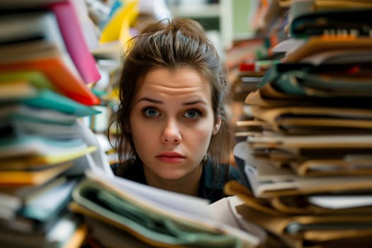 Young adult Caucasian woman in an office, overwhelmed by a mountains of paperwork. Neural network generated in January 2024. Not based on any actual scene or pattern.
