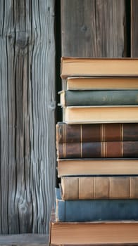 Stack of books on wooden board background. Neural network generated in January 2024. Not based on any actual scene or pattern.