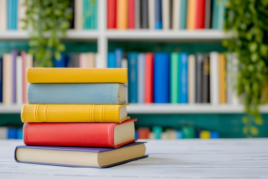 Stack of books on table in front of blurred book shelf. Neural network generated in January 2024. Not based on any actual scene or pattern.