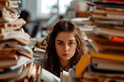 Young adult Caucasian woman in an office, overwhelmed by a mountains of paperwork. Neural network generated in January 2024. Not based on any actual scene or pattern.