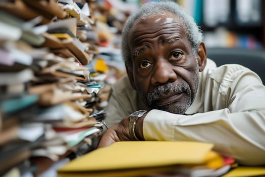 senior African American man in an office, overwhelmed by a mountains of paperwork. Neural network generated in January 2024. Not based on any actual scene or pattern.
