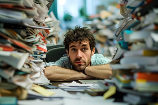 Young adult caucasian man in an office, overwhelmed by a mountains of paperwork. Neural network generated in January 2024. Not based on any actual scene or pattern.