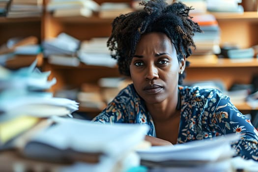 African American woman in an office, overwhelmed by a mountains of paperwork. Neural network generated in January 2024. Not based on any actual scene or pattern.