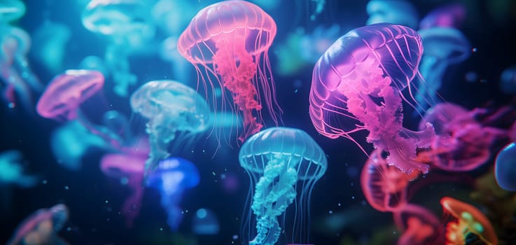 glowing sea jellyfishes on dark background, neural network generated art. Neural network generated in January 2024. Not based on any actual scene or pattern.