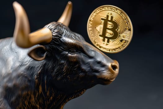 Bull pokes up bitcoin with its snout. Bullish trend concept. Neural network generated image. Not based on any actual person or scene.