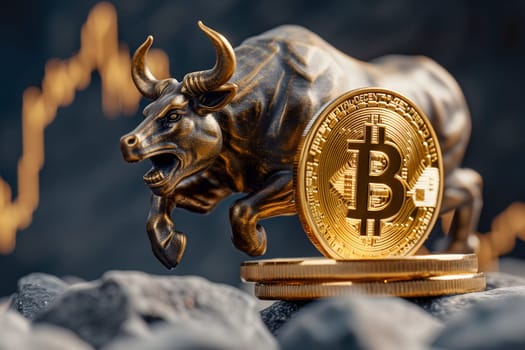 Running bull, trading chart and bitcoin shiner for crypto bull run concept. Neural network generated image. Not based on any actual person or scene.