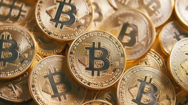 Golden bitcoin shiners closeup full-frame background. Neural network generated image. Not based on any actual person or scene.