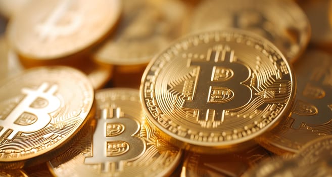 Golden bitcoin shiners closeup full-frame background. Neural network generated image. Not based on any actual person or scene.