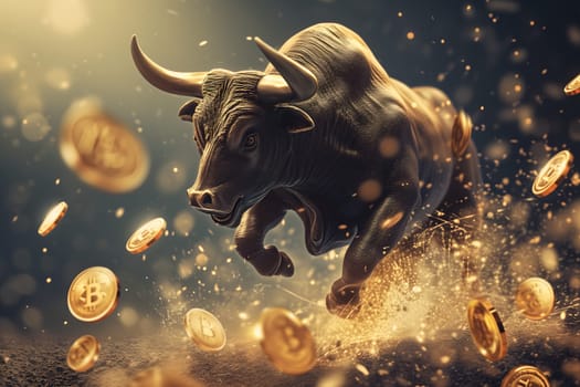 Running bull and bitcoin shiner for crypto bull run concept. Neural network generated image. Not based on any actual person or scene.