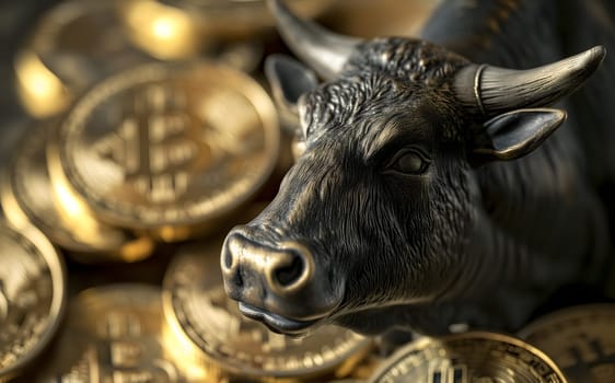 Bull with bitcoin. Bullish trend concept. Neural network generated image. Not based on any actual person or scene.
