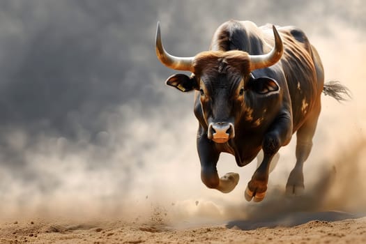 Running bull with dust and copy space. Neural network generated image. Not based on any actual person or scene.
