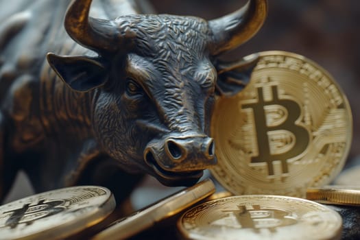 Bull with bitcoin. Bullish trend concept. Neural network generated image. Not based on any actual person or scene.