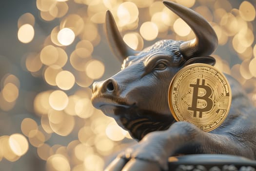Bull with bitcoin. Bullish trend concept. Neural network generated image. Not based on any actual person or scene.