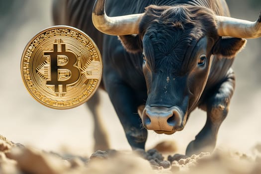 Running bull and bitcoin shiner for crypto bull run concept. Neural network generated image. Not based on any actual person or scene.