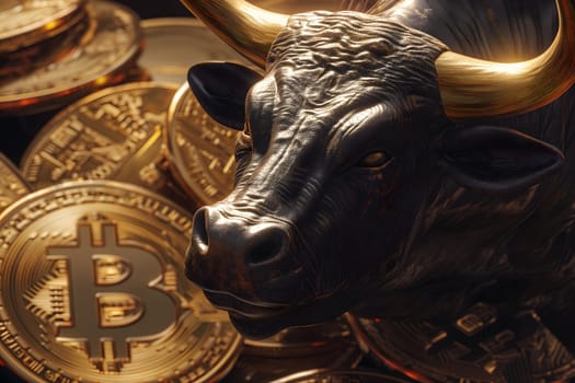 Bull with bitcoin. Bullish trend concept. Neural network generated image. Not based on any actual person or scene.