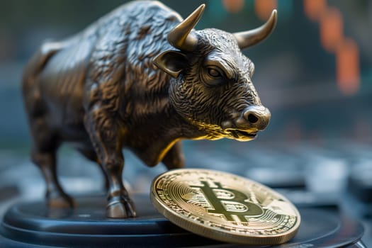 Bull with bitcoin. Bullish trend concept. Neural network generated image. Not based on any actual person or scene.