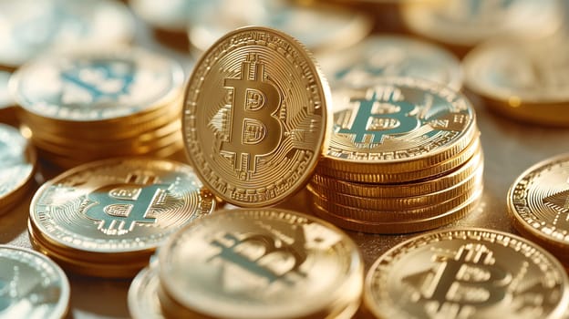 Golden bitcoin shiners closeup full-frame background. Neural network generated image. Not based on any actual person or scene.