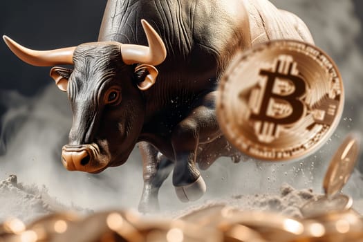 Running bull and bitcoin shiner for crypto bull run concept. Neural network generated image. Not based on any actual person or scene.