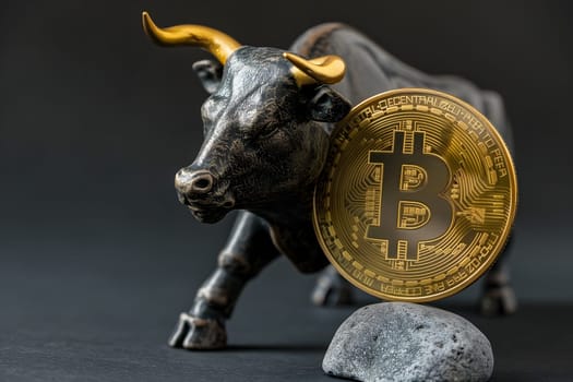 Bull with bitcoin. Bullish trend concept. Neural network generated image. Not based on any actual person or scene.