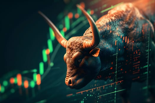 Bull with stock market chart in the background, closeup with selective focus Neural network generated in January 2024. Not based on any actual scene.