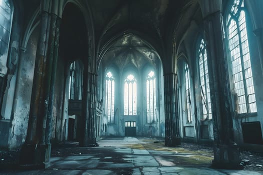 Dark gothic abandoned ancient chapel hall interior with tall windows and columns, foggy and empty. Neural network generated in January 2024. Not based on any actual scene or pattern.