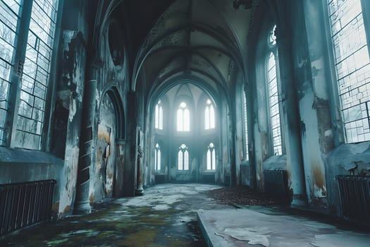 Dark gothic abandoned ancient chapel hall interior with tall windows and columns, foggy and empty. Neural network generated in January 2024. Not based on any actual scene or pattern.