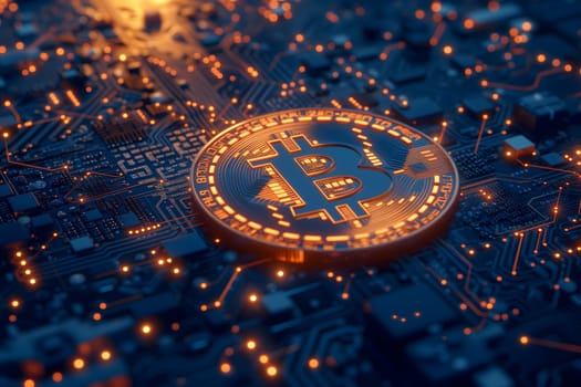 Bitcoin shiner laid over circuit board. Neural network generated image. Not based on any actual person or scene.