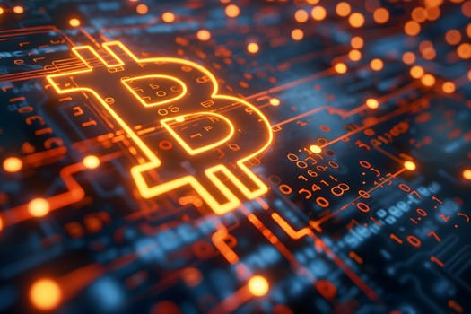 Bitcoin logo on digital data surface background. Neural network generated image. Not based on any actual person or scene.