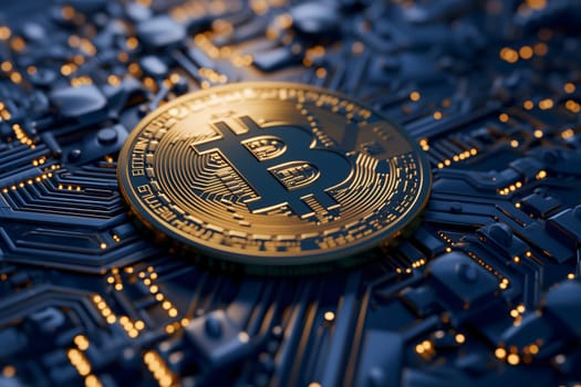 Bitcoin shiner laid over circuit board. Neural network generated image. Not based on any actual person or scene.