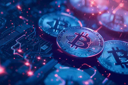 Bitcoin shiners laid over circuit board. Neural network generated image. Not based on any actual person or scene.