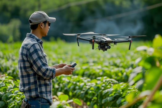 Farmer in the field using drone. Neural network generated in January 2024. Not based on any actual scene or pattern.