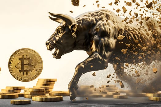 Running bull and bitcoin shiner for crypto bull run concept. Neural network generated image. Not based on any actual person or scene.