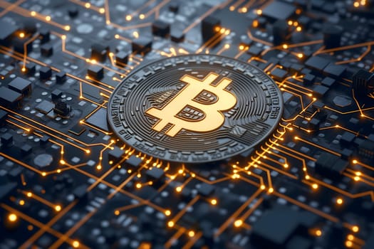 Bitcoin shiner laid over circuit board. Neural network generated image. Not based on any actual person or scene.