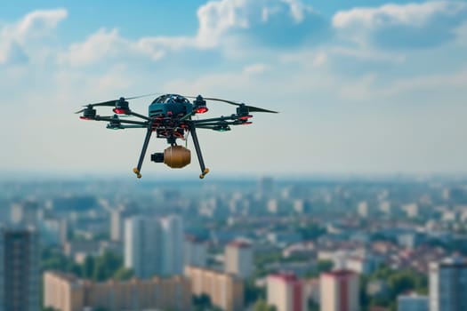 Copter drone with a bomb over city at summer day. Neural network generated image. Not based on any actual scene or pattern.